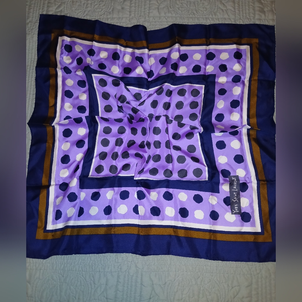 Yves Saint Laurent Purple Polka Dot Scarf with Navy & Gold Trim